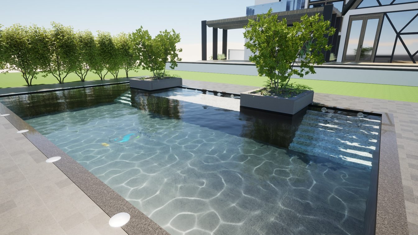 3D render of a modern rectangular swimming pool with landscaped planters, designed by Swimwell Pools India