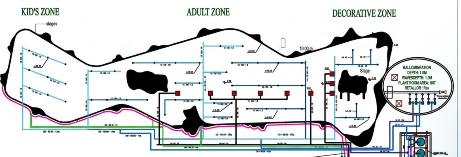 Zoned pool plan layout drawing showing kids, adult and decorative zones for a lagoon pool project